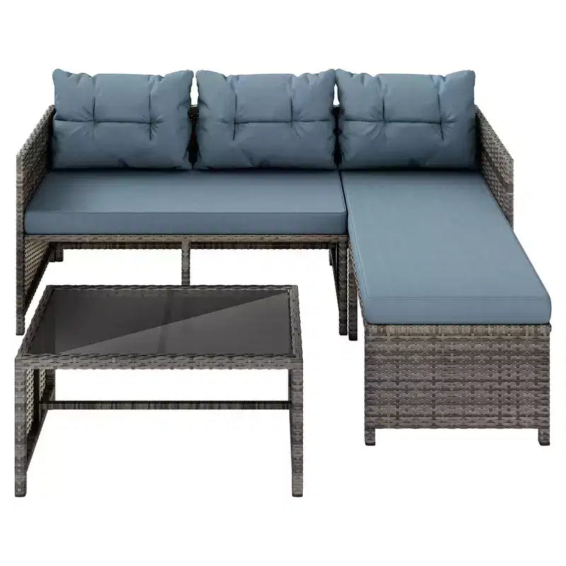 Celebalcony Mobili da Esterno per Patio, Set da 3 Pezzi in Rattan, Divano Sezionale a L con Cuscini e Tavolino in Vetro per Balcone e Giardino