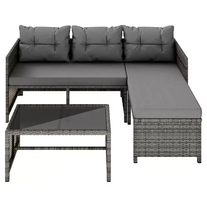 Celebalcony Mobili da Esterno per Patio, Set da 3 Pezzi in Rattan, Divano Sezionale a L con Cuscini e Tavolino in Vetro per Balcone e Giardino