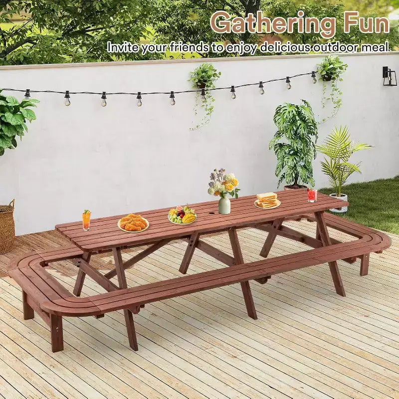 Zevemomo Set da pranzo da esterno in legno per 14-16 persone con foro per ombrellone, 2 panche lunghe incorporate, capacità totale di 2630 libbre per cortili, marrone