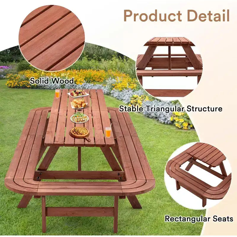 Zevemomo Set da pranzo da esterno in legno per 14-16 persone con foro per ombrellone, 2 panche lunghe incorporate, capacità totale di 2630 libbre per cortili, marrone