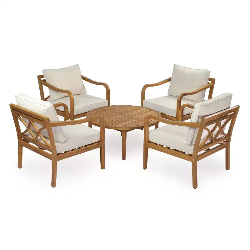 Christopher Knight Home Salma Set da Salotto Moderno a 5 Pezzi per Patio in Legno di Acacia con Tavolo a Doghe e Cuscini