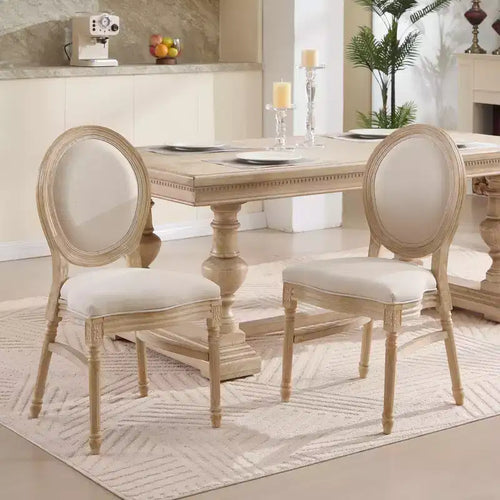 Sedia da pranzo con schienale rotondo intagliato e rivestimento beige