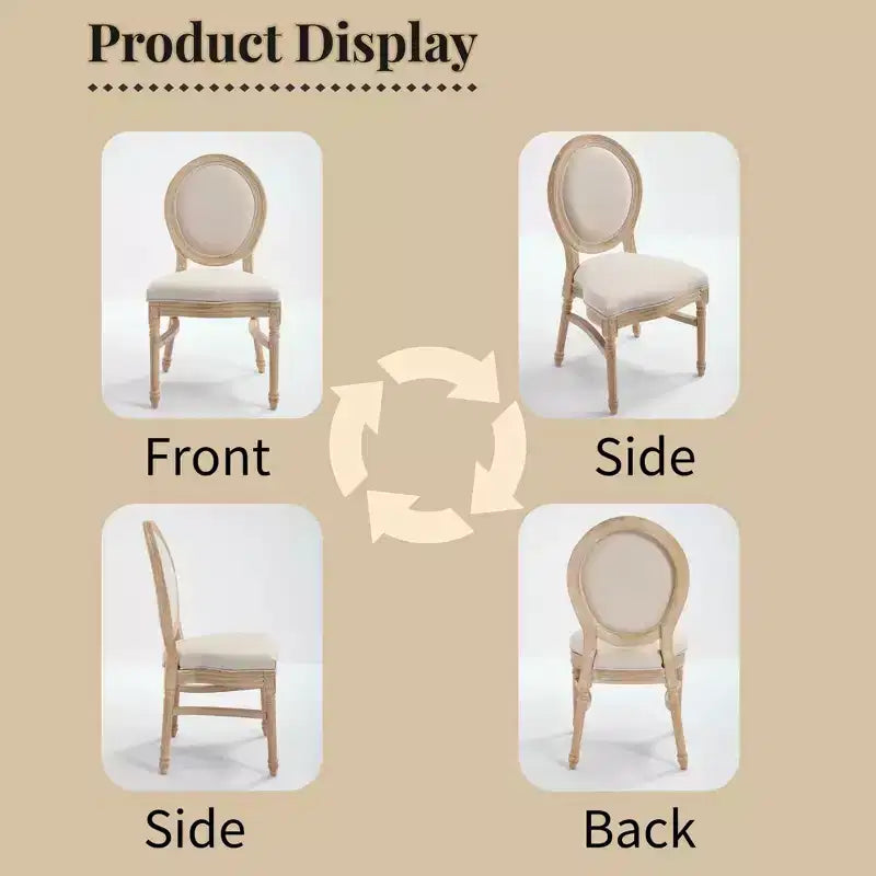 Sedia da pranzo con schienale rotondo intagliato e rivestimento beige
