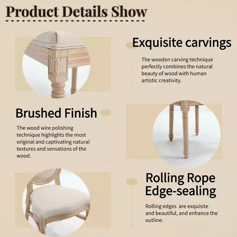 Sedia da pranzo con schienale rotondo intagliato e rivestimento beige