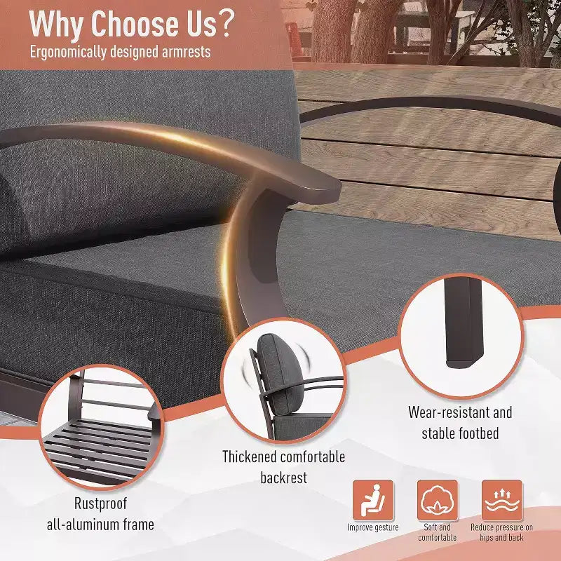 Set Divano ALAULM da Esterno in Alluminio a 8 Posti, Set di Mobili da Giardino con Tavolino da Caffè in Metallo e 5 Cuscini Spessi