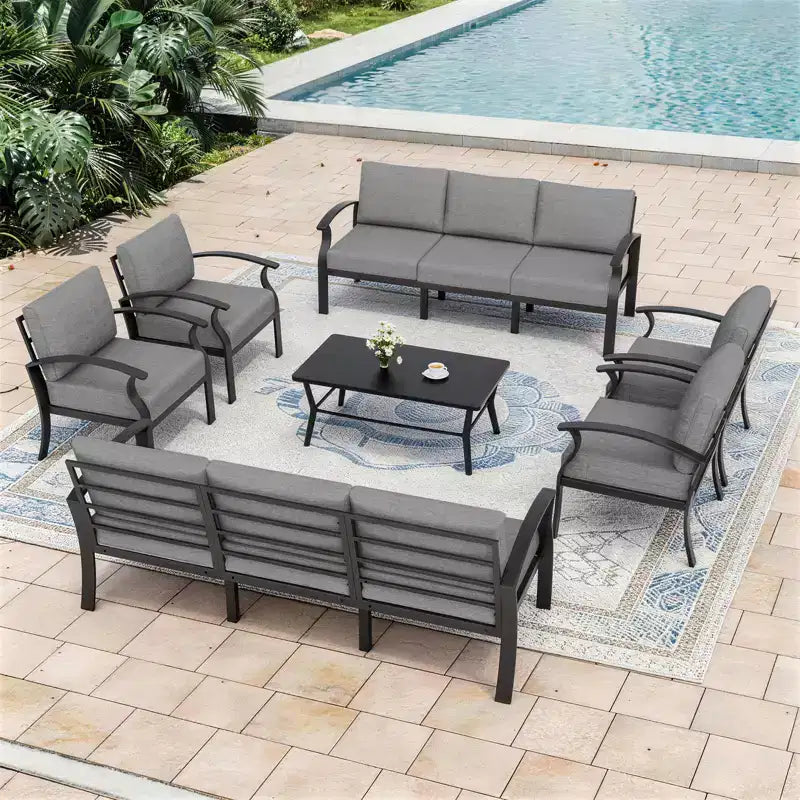 Set Divano ALAULM da Esterno in Alluminio a 8 Posti, Set di Mobili da Giardino con Tavolino da Caffè in Metallo e 5 Cuscini Spessi