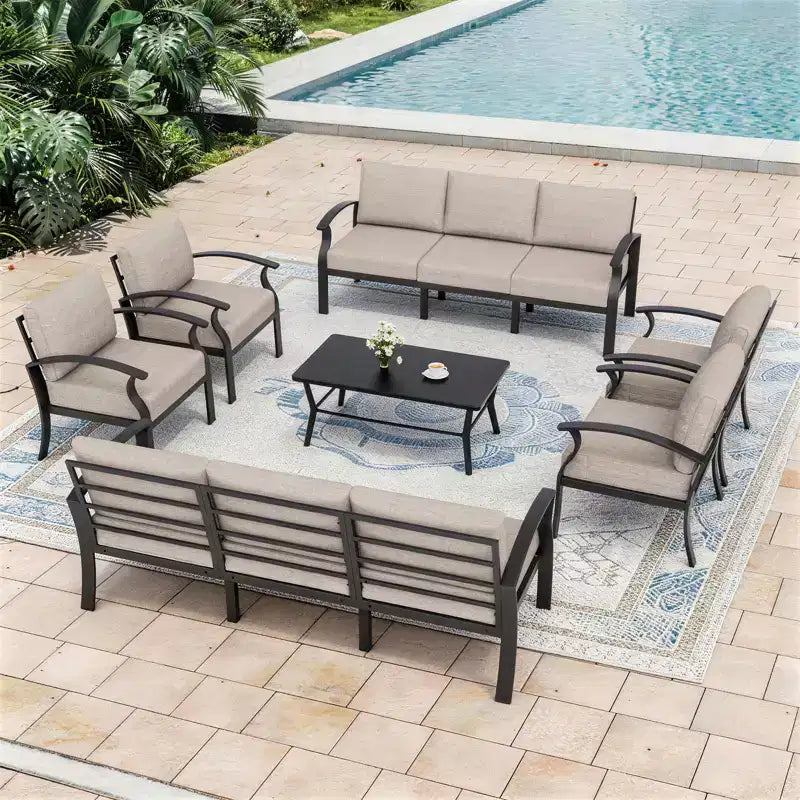 Set Divano ALAULM da Esterno in Alluminio a 8 Posti, Set di Mobili da Giardino con Tavolino da Caffè in Metallo e 5 Cuscini Spessi