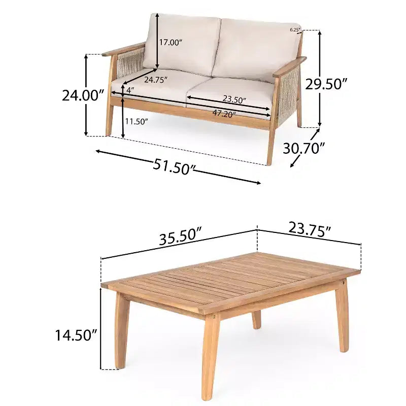 Set da conversazione per patio da 2/4 pezzi, set di mobili da esterno in legno di acacia con divanetto a due posti, tavolo, sedia per giardino/balcone/cortile - ModernLuxe