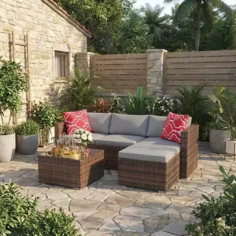 Set Mobili da Giardino 5 Pezzi, Divano Sezionale in Vimini per Tutte le Stagioni con Cuscini Antiscivolo, Set Divano in Rattan per Esterni con Pouf