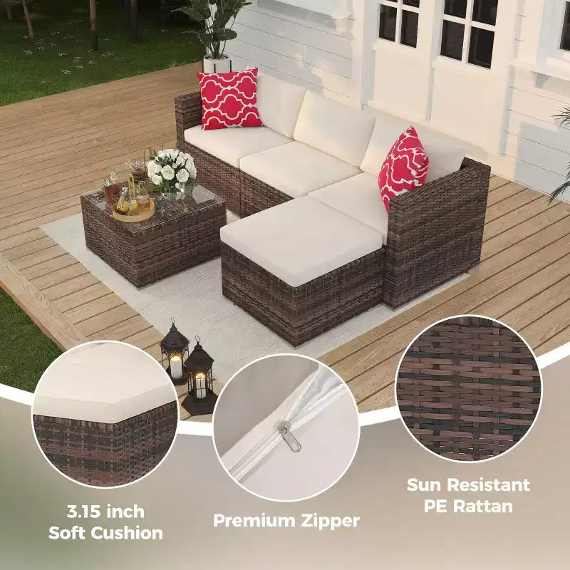 Set Mobili da Giardino 5 Pezzi, Divano Sezionale in Vimini per Tutte le Stagioni con Cuscini Antiscivolo, Set Divano in Rattan per Esterni con Pouf