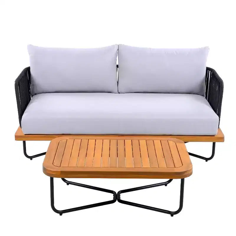 Set da Esterno Christopher Knight Home Lucas 4 Pezzi con Sedute in Corda Intrecciata, Legno di Acacia e Ferro