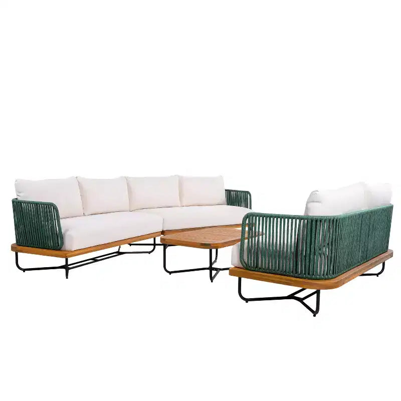 Set da Esterno Christopher Knight Home Lucas 4 Pezzi con Sedute in Corda Intrecciata, Legno di Acacia e Ferro