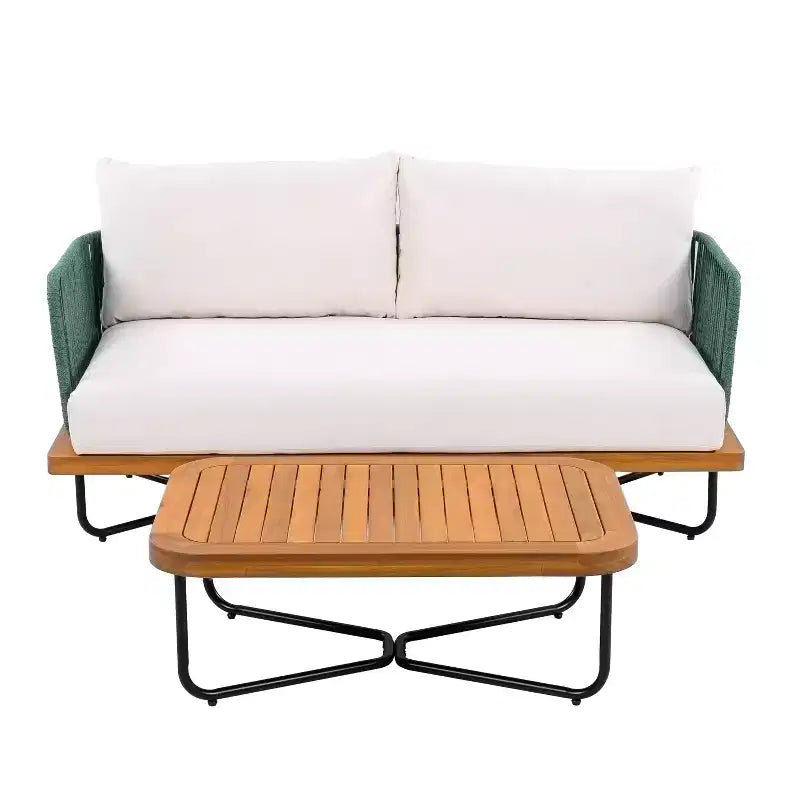 Set da Esterno Christopher Knight Home Lucas 4 Pezzi con Sedute in Corda Intrecciata, Legno di Acacia e Ferro