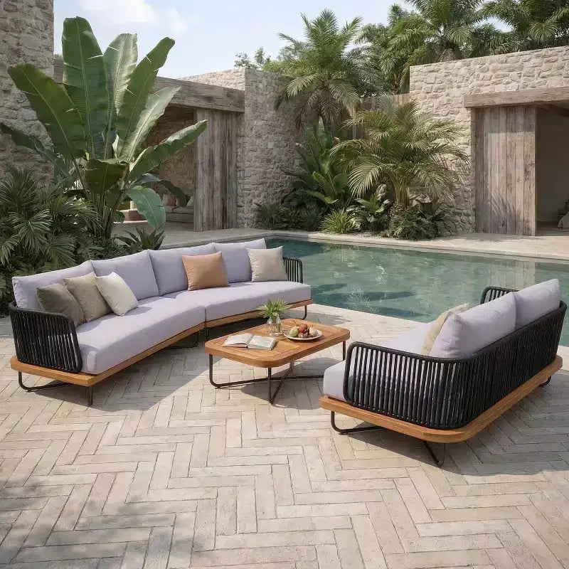 Set da Esterno Christopher Knight Home Lucas 4 Pezzi con Sedute in Corda Intrecciata, Legno di Acacia e Ferro