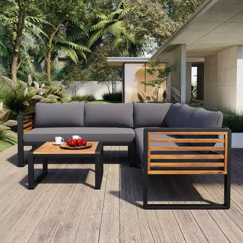 Set da 4 Pezzi per Conversazione da Esterno, Divano Sezionale a L con Cuscini, Set da Salotto da Esterno con Tavolino da Caffè per Giardino o Terrazza-Panipeachy