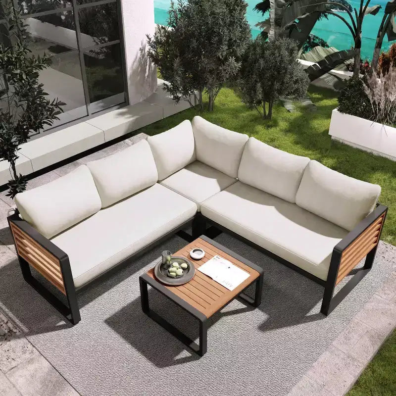 Set da 4 Pezzi per Conversazione da Esterno, Divano Sezionale a L con Cuscini, Set da Salotto da Esterno con Tavolino da Caffè per Giardino o Terrazza-Panipeachy