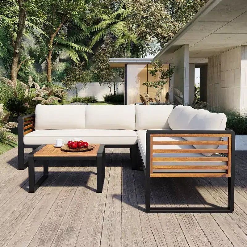 Set da 4 Pezzi per Conversazione da Esterno, Divano Sezionale a L con Cuscini, Set da Salotto da Esterno con Tavolino da Caffè per Giardino o Terrazza-Panipeachy