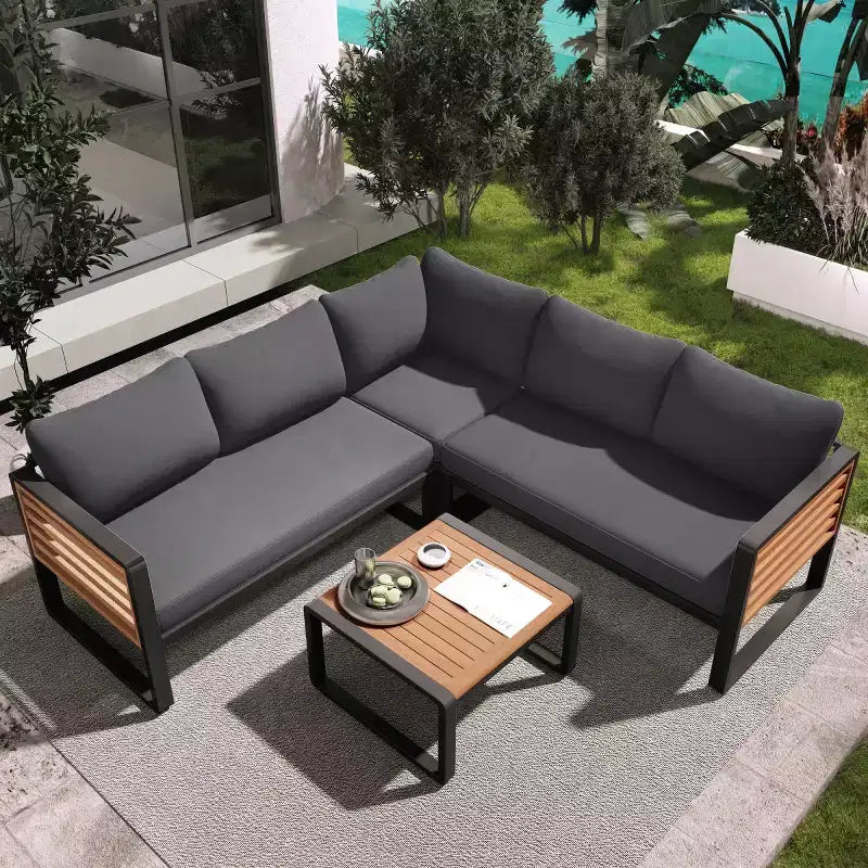 Set da 4 Pezzi per Conversazione da Esterno, Divano Sezionale a L con Cuscini, Set da Salotto da Esterno con Tavolino da Caffè per Giardino o Terrazza-Panipeachy