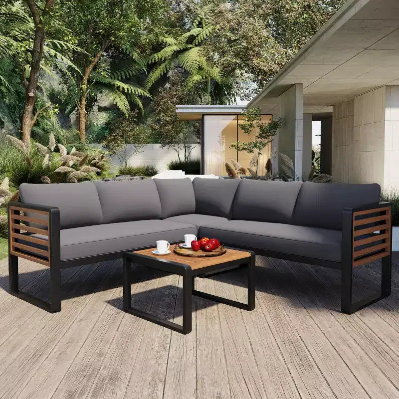 Set da 4 Pezzi per Conversazione da Esterno, Divano Sezionale a L con Cuscini, Set da Salotto da Esterno con Tavolino da Caffè per Giardino o Terrazza-Panipeachy