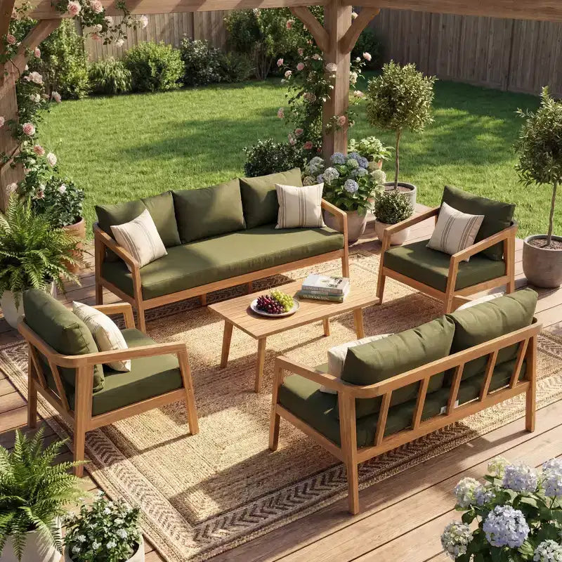 Christopher Knight Home Sunny Set Salotto Moderno a 5 Pezzi in Acacia con Tavolo Rettangolare a Doghe e 7 Posti
