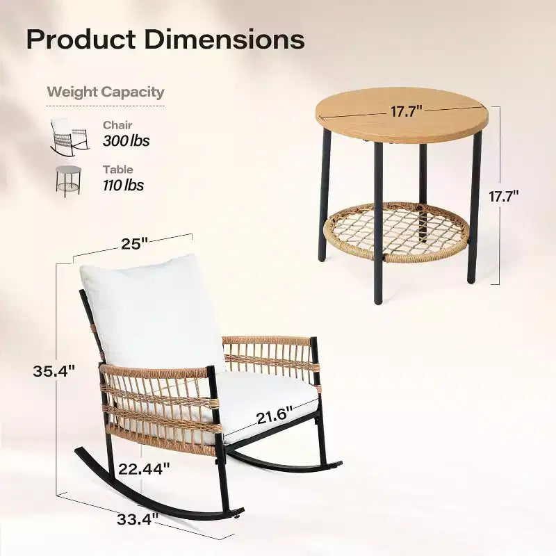LAUSAINT HOME Set di 3 Poltrone a Dondolo da Giardino, Mobili da Esterno in Rattan PE con Cuscini Spessi