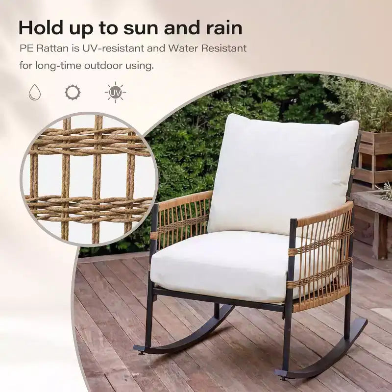 LAUSAINT HOME Set di 3 Poltrone a Dondolo da Giardino, Mobili da Esterno in Rattan PE con Cuscini Spessi