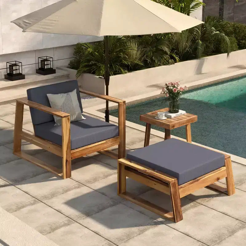 GDFStudio Camille Set Sedia a Sdraio da Esterno e Poggiapiedi in Legno di Acacia con Cuscini
