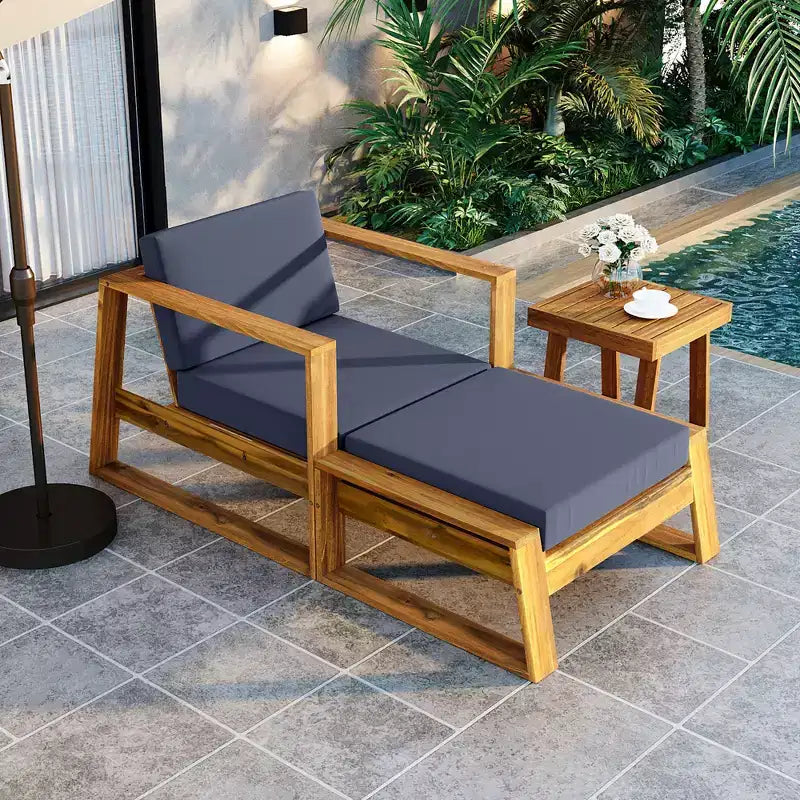 GDFStudio Camille Set Sedia a Sdraio da Esterno e Poggiapiedi in Legno di Acacia con Cuscini