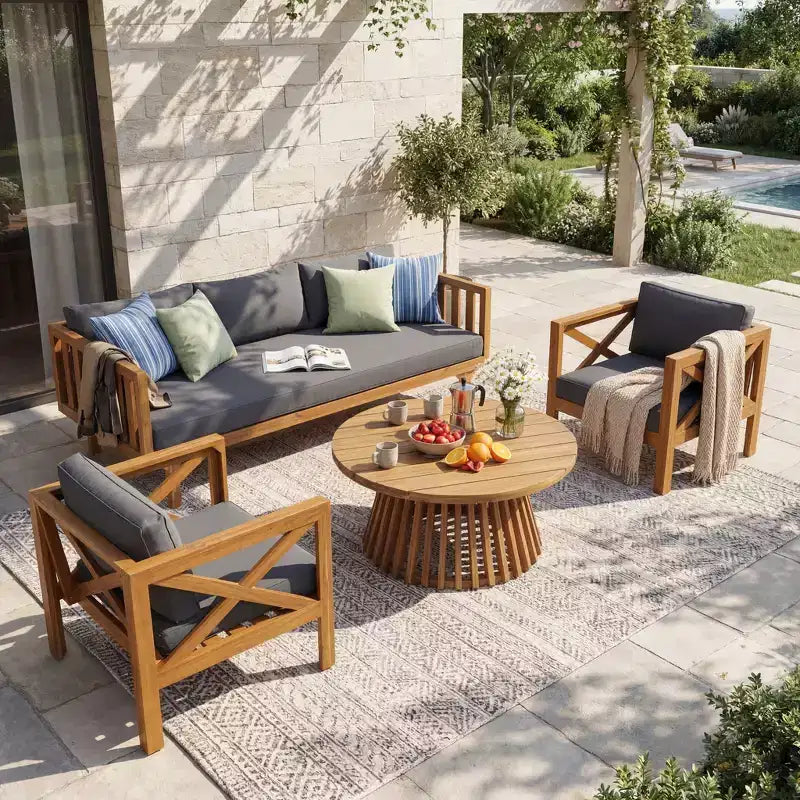 Christopher Knight Home Claremont set da conversazione da 4 pezzi moderno da esterno in legno di acacia con cuscini