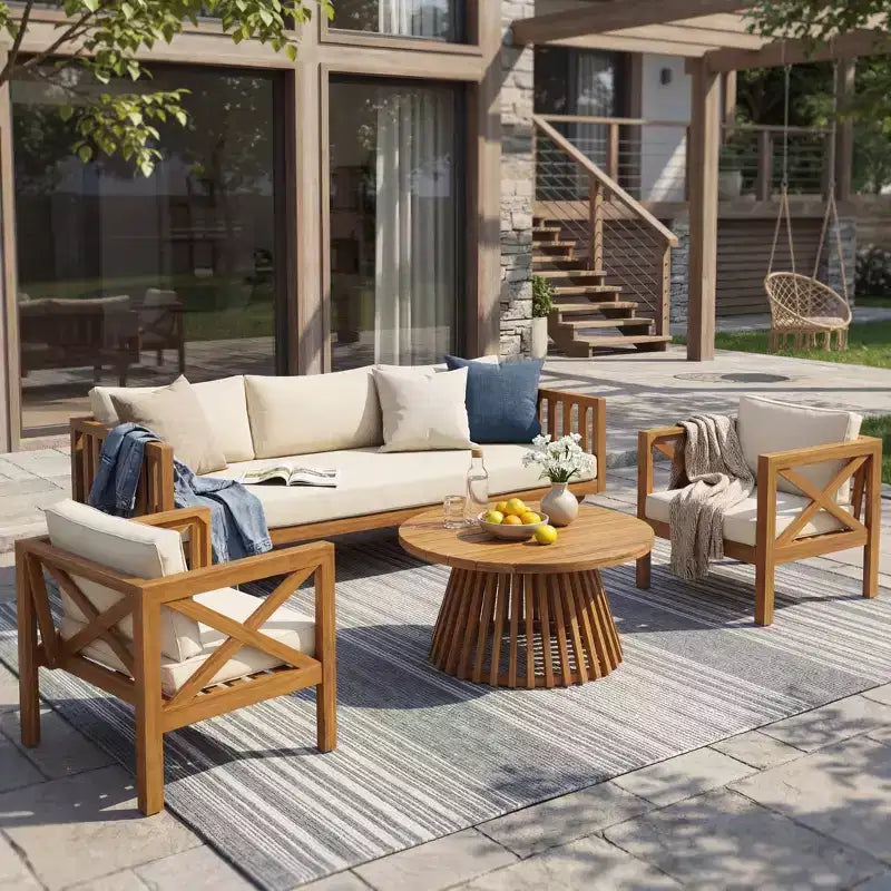 Christopher Knight Home Claremont set da conversazione da 4 pezzi moderno da esterno in legno di acacia con cuscini