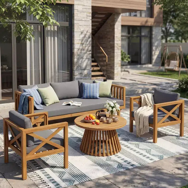 Christopher Knight Home Claremont set da conversazione da 4 pezzi moderno da esterno in legno di acacia con cuscini