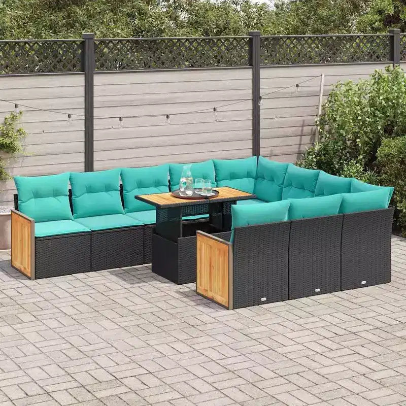 vidaXL Set Divani da Giardino 11 pz con Cuscini Nero in Polyrattan e Acacia