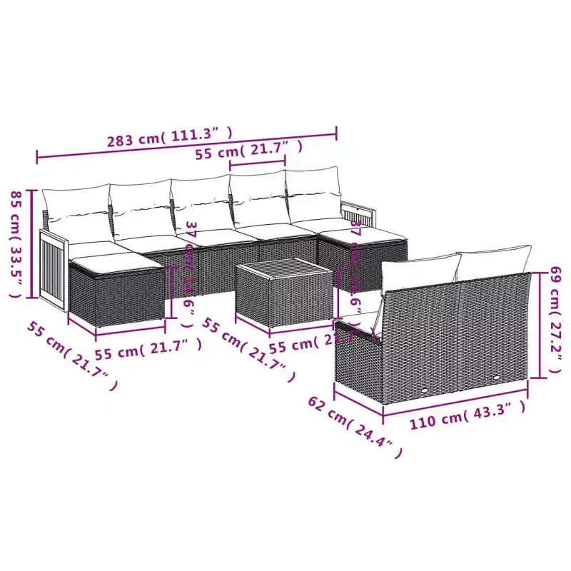 vidaXL Set Divani da Esterno 10 pz con Cuscini in Polyrattan Nero
