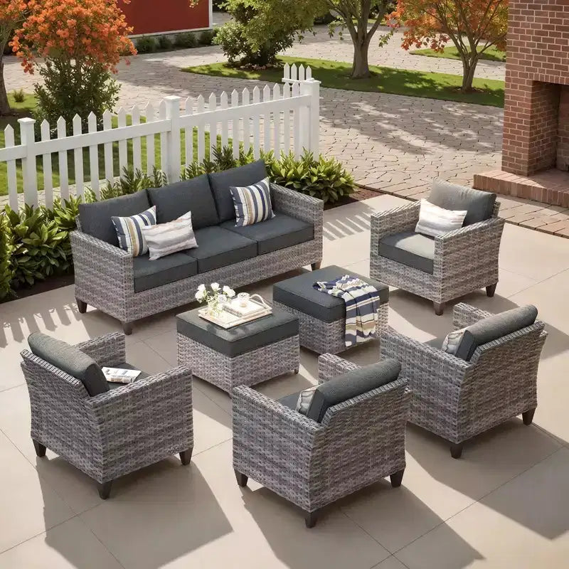 Set sezionale da esterno in rattan a 7 pezzi HOMLUX con divano + poggiapiedi + sedie
