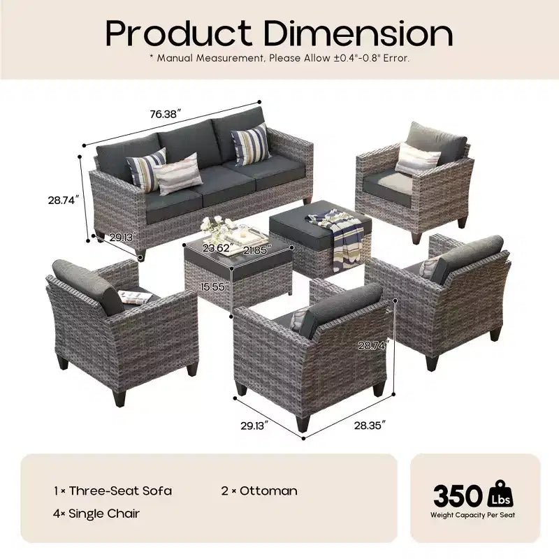Set sezionale da esterno in rattan a 7 pezzi HOMLUX con divano + poggiapiedi + sedie