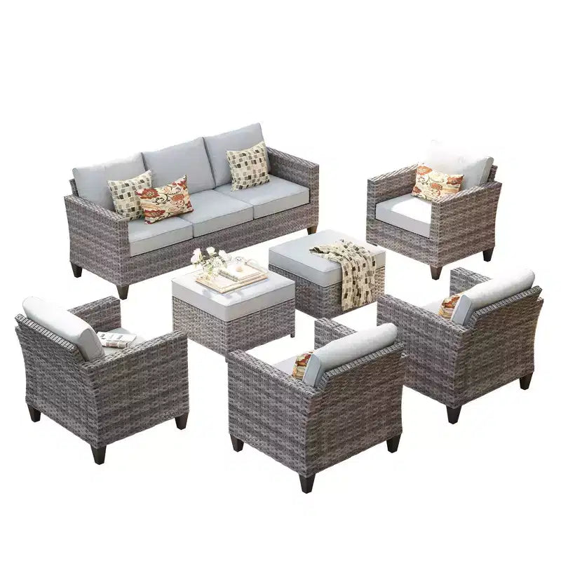 Set sezionale da esterno in rattan a 7 pezzi HOMLUX con divano + poggiapiedi + sedie