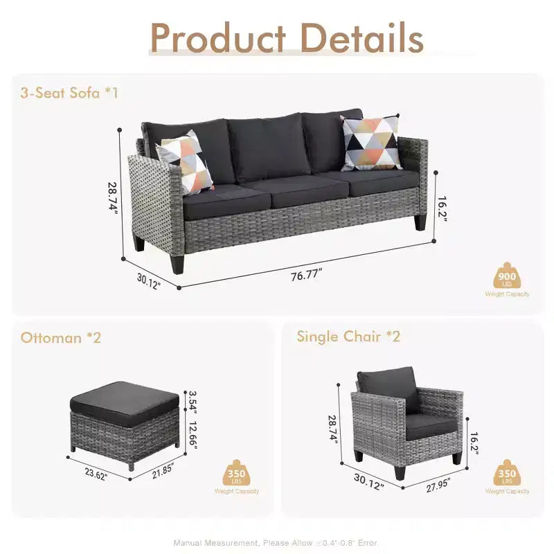 Set di mobili da esterno HOMLUX 5 pezzi: divano a 3 posti + 2 sedie + 2 pouf