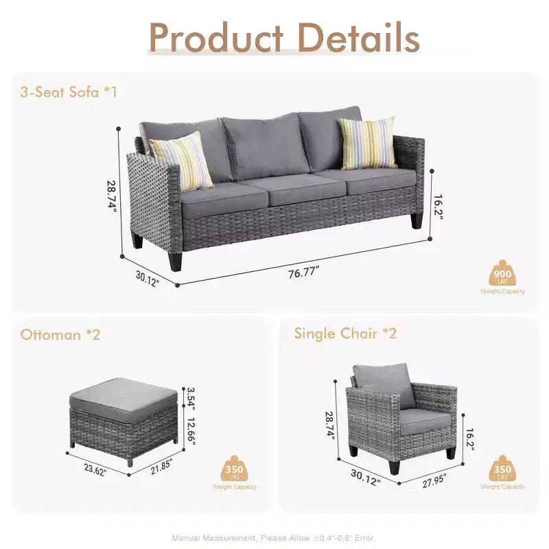 Set di mobili da esterno HOMLUX 5 pezzi: divano a 3 posti + 2 sedie + 2 pouf