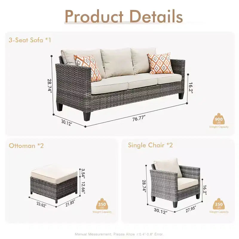 Set di mobili da esterno HOMLUX 5 pezzi: divano a 3 posti + 2 sedie + 2 pouf