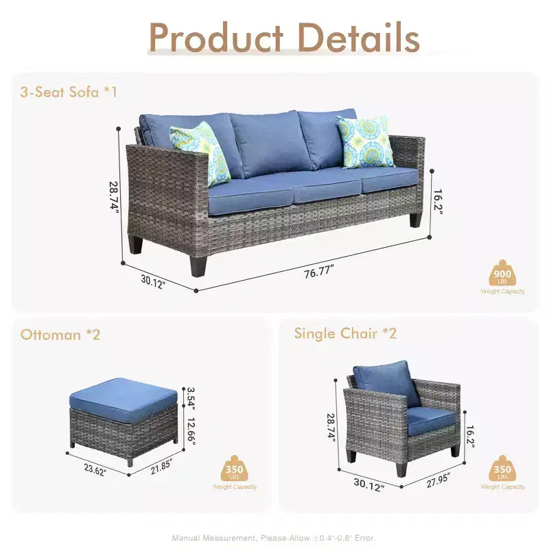 Set di mobili da esterno HOMLUX 5 pezzi: divano a 3 posti + 2 sedie + 2 pouf