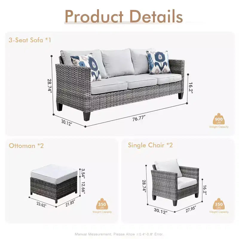 Set di mobili da esterno HOMLUX 5 pezzi: divano a 3 posti + 2 sedie + 2 pouf