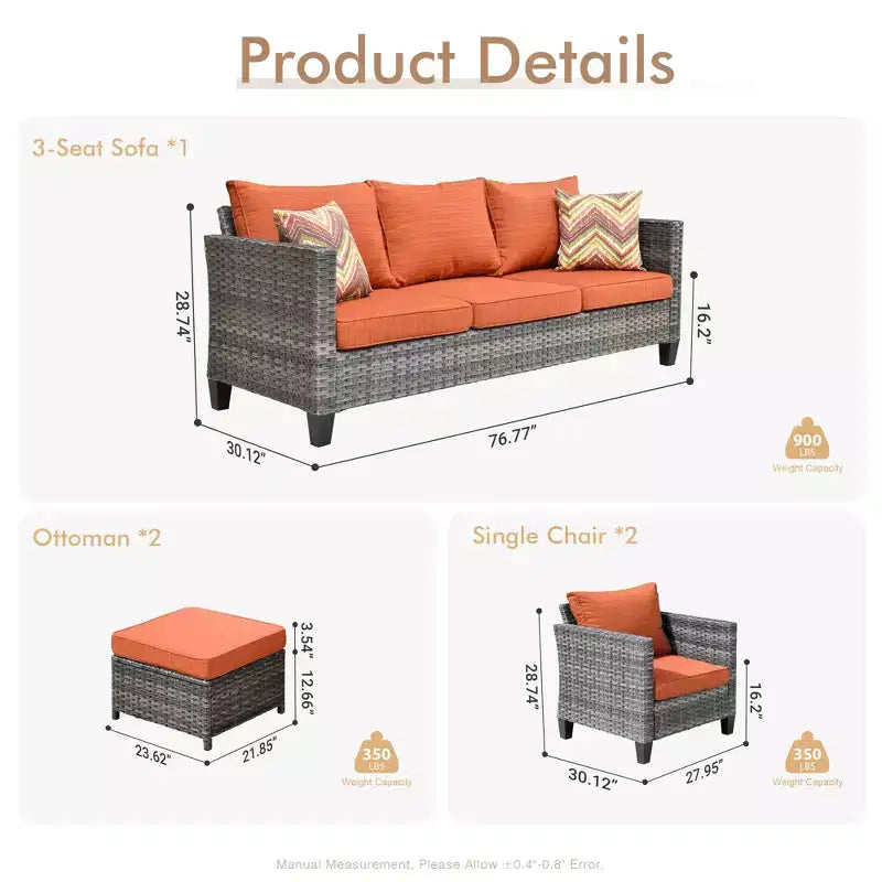 Set di mobili da esterno HOMLUX 5 pezzi: divano a 3 posti + 2 sedie + 2 pouf