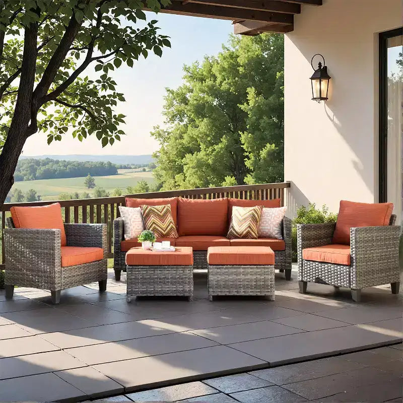 Set di mobili da esterno HOMLUX 5 pezzi: divano a 3 posti + 2 sedie + 2 pouf