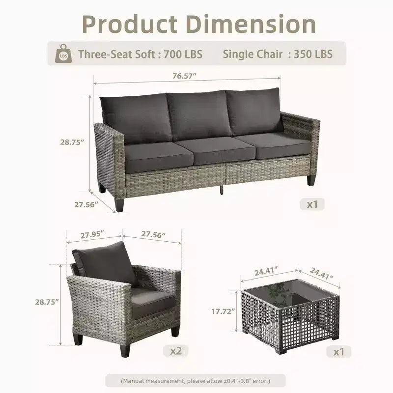 Set Divano da Esterno 4 Pezzi HOMLUX con Divano a 3 Posti, 2 Poltrone Singole e Tavolino da Caffè con LED, Rattan PE Grigio