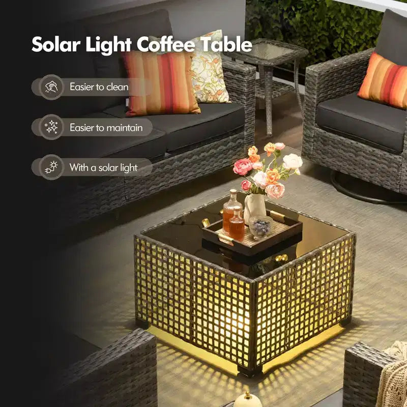 Set Divano da Esterno 4 Pezzi HOMLUX con Divano a 3 Posti, 2 Poltrone Singole e Tavolino da Caffè con LED, Rattan PE Grigio