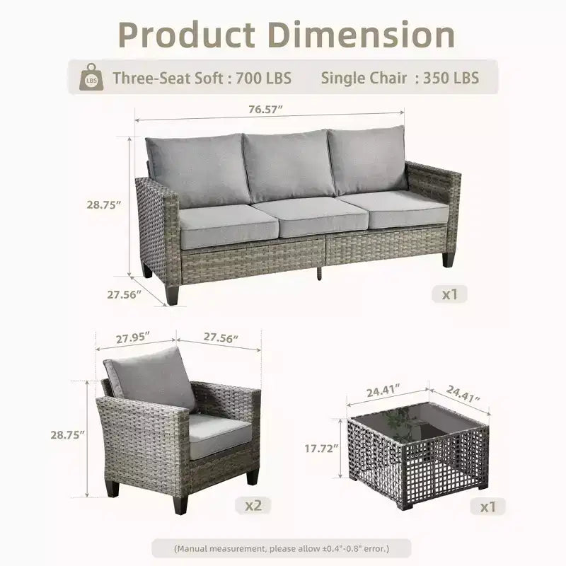 Set Divano da Esterno 4 Pezzi HOMLUX con Divano a 3 Posti, 2 Poltrone Singole e Tavolino da Caffè con LED, Rattan PE Grigio