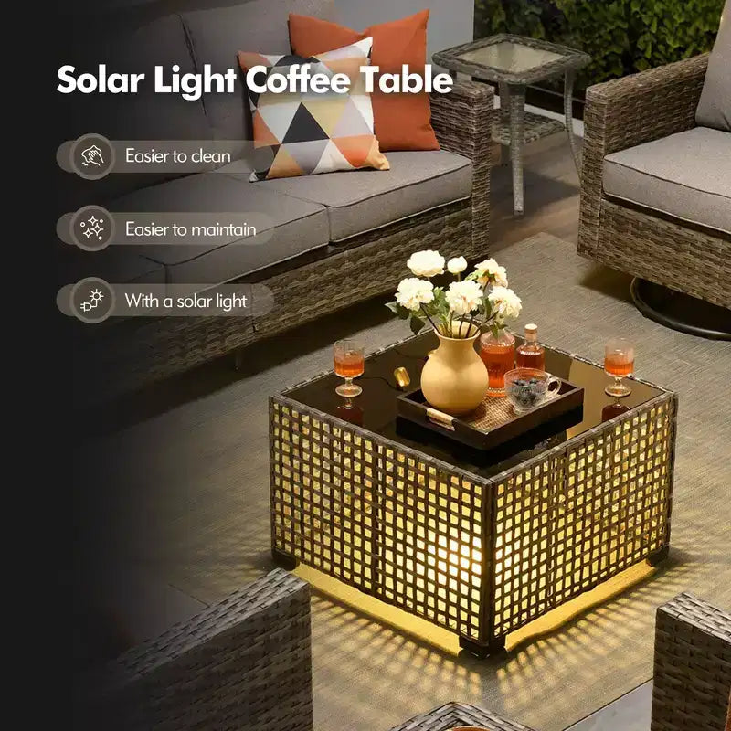 Set Divano da Esterno 4 Pezzi HOMLUX con Divano a 3 Posti, 2 Poltrone Singole e Tavolino da Caffè con LED, Rattan PE Grigio