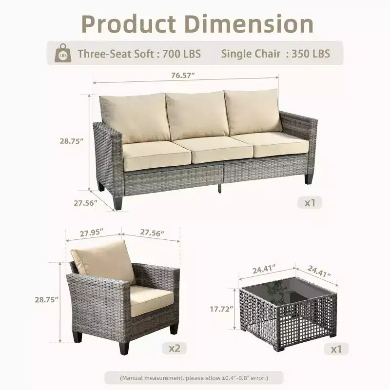 Set Divano da Esterno 4 Pezzi HOMLUX con Divano a 3 Posti, 2 Poltrone Singole e Tavolino da Caffè con LED, Rattan PE Grigio