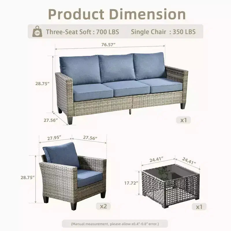 Set Divano da Esterno 4 Pezzi HOMLUX con Divano a 3 Posti, 2 Poltrone Singole e Tavolino da Caffè con LED, Rattan PE Grigio