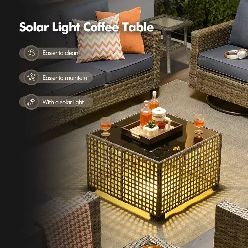 Set Divano da Esterno 4 Pezzi HOMLUX con Divano a 3 Posti, 2 Poltrone Singole e Tavolino da Caffè con LED, Rattan PE Grigio